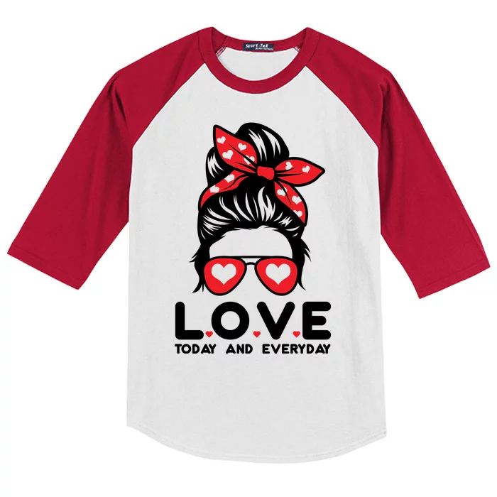 Love Today And Everyday Cute Valentine Hair Bun Kids Colorblock Raglan Jersey