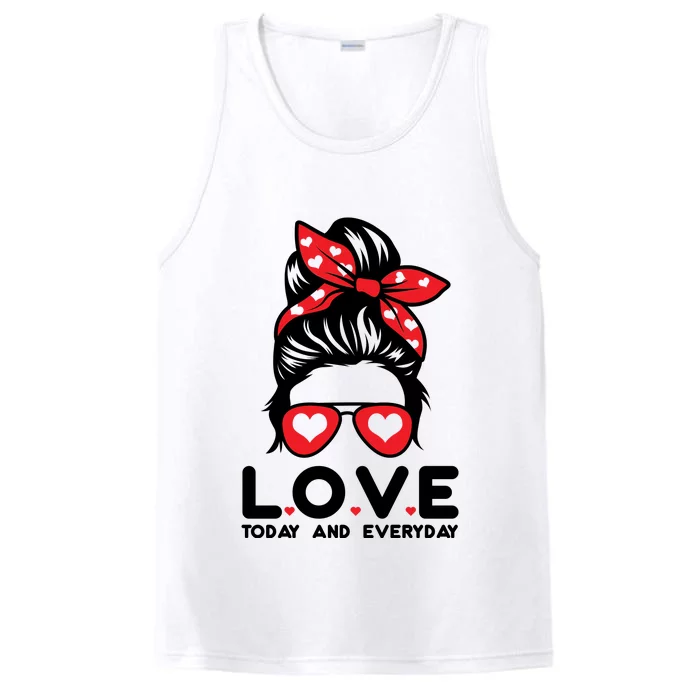 Love Today And Everyday Cute Valentine Hair Bun Performance Tank