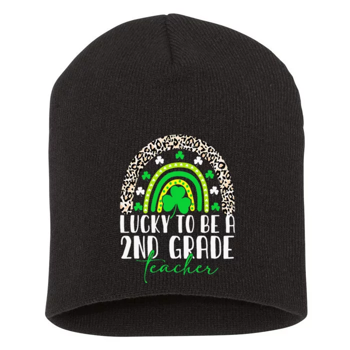 Lucky To Be A Teacher Rainbow St Patricks Day Leopard Short Acrylic Beanie