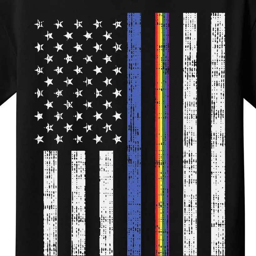 LGBT Thin Blue Line Rainbow American Flag Gay Police Kids T-Shirt