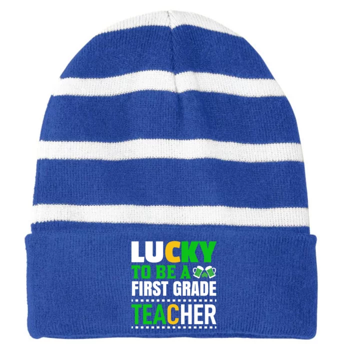 Lucky To Be A First Grade Teacher Striped Beanie with Solid Band