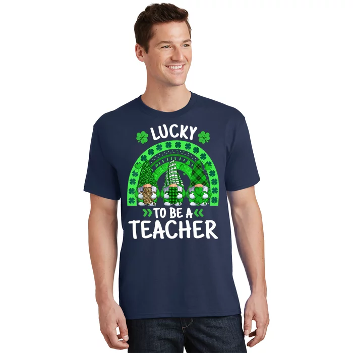 Lucky To Be A Teacher St Patricks Day Shamrock Gnome Rainbow T-Shirt