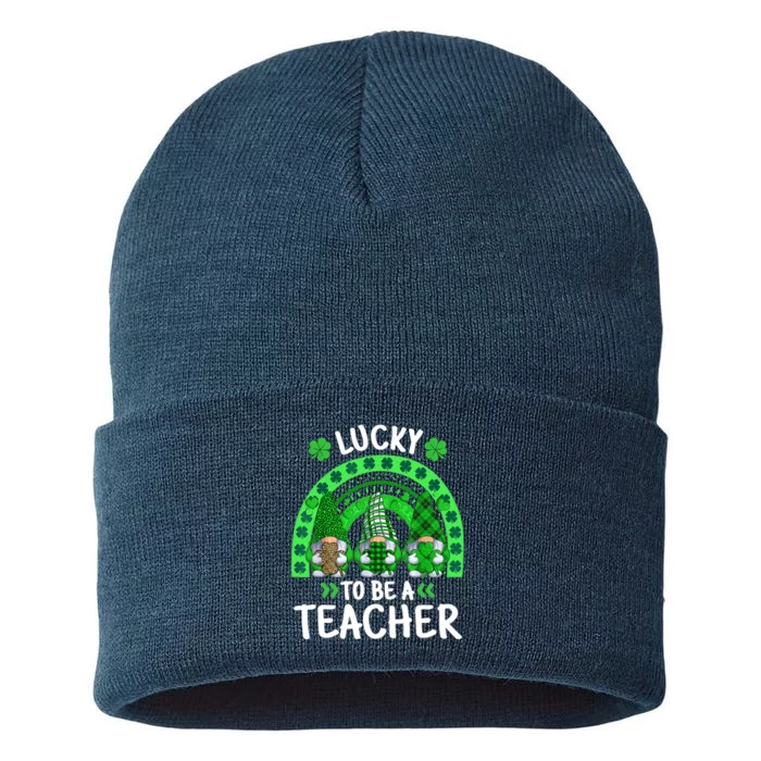 Lucky To Be A Teacher St Patricks Day Shamrock Gnome Rainbow Sustainable Knit Beanie