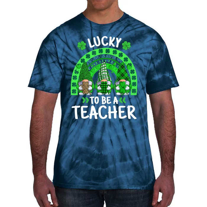 Lucky To Be A Teacher St Patricks Day Shamrock Gnome Rainbow Tie-Dye T-Shirt