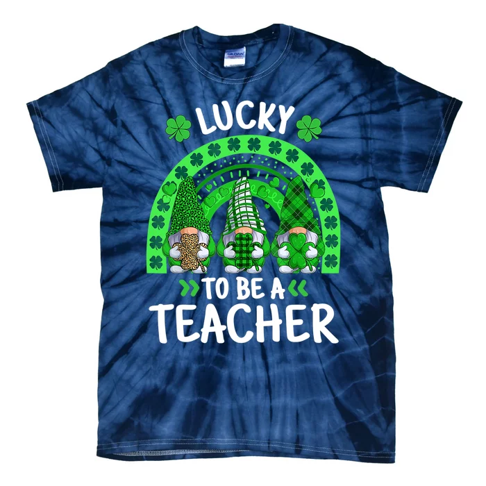 Lucky To Be A Teacher St Patricks Day Shamrock Gnome Rainbow Tie-Dye T-Shirt