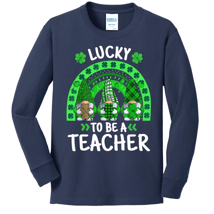 Lucky To Be A Teacher St Patricks Day Shamrock Gnome Rainbow Kids Long Sleeve Shirt