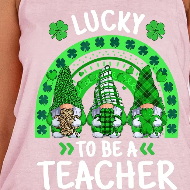 Lucky To Be A Teacher St Patricks Day Shamrock Gnome Rainbow Women's Knotted Racerback Tank