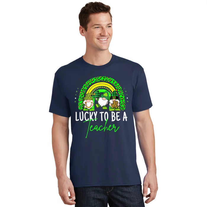 Lucky To Be A Teacher St Patricks Day Shamrock Gnome Rainbow T-Shirt