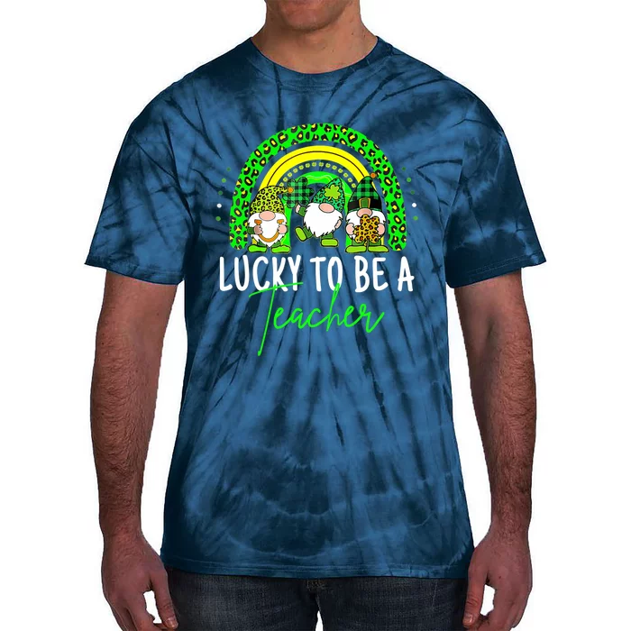 Lucky To Be A Teacher St Patricks Day Shamrock Gnome Rainbow Tie-Dye T-Shirt