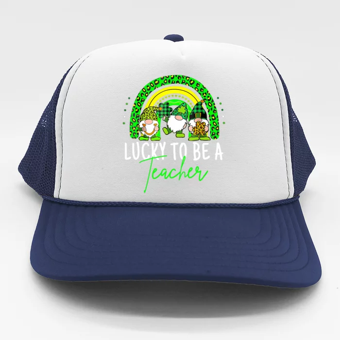 Lucky To Be A Teacher St Patricks Day Shamrock Gnome Rainbow Trucker Hat