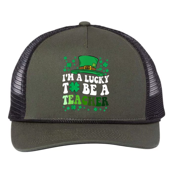 Lucky To Be A Teacher St Patricks Day Irish Shamrock Retro Rope Trucker Hat Cap