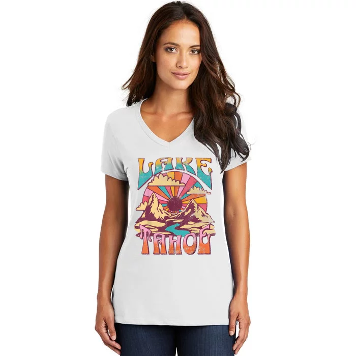 Lake Tahoe California Nature Hiking Mountains Outdoors Retro Women's V-Neck T-Shirt