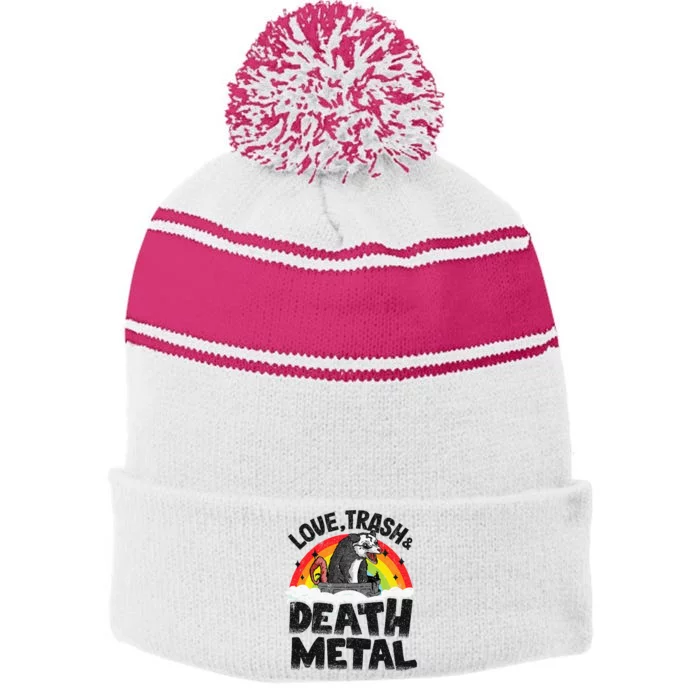 Love Trash & Death Metal Opossum Punk Band Metal Rainbow Stripe Pom Pom Beanie