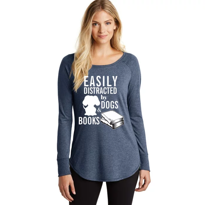 Library Themed Easily Distracted By Books And Dogs Gift Women's Perfect Tri Tunic Long Sleeve Shirt