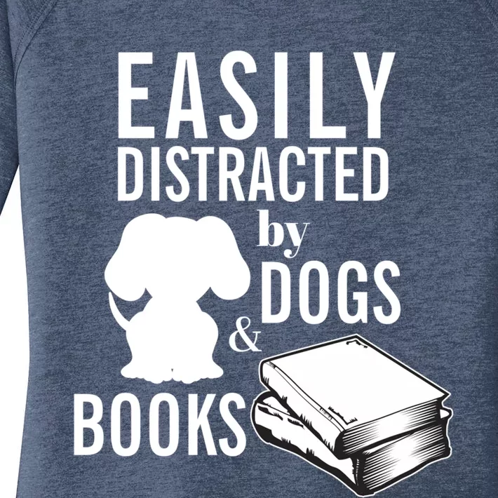 Library Themed Easily Distracted By Books And Dogs Gift Women's Perfect Tri Tunic Long Sleeve Shirt