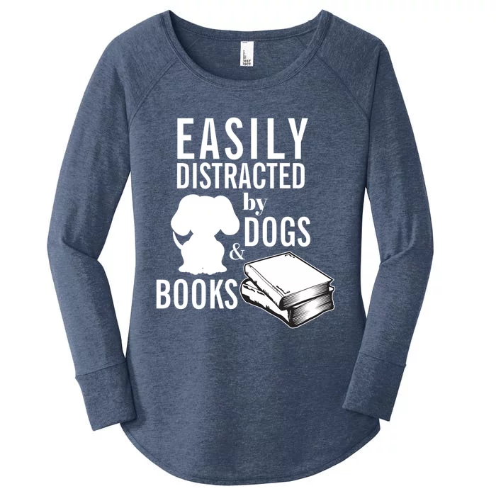 Library Themed Easily Distracted By Books And Dogs Gift Women's Perfect Tri Tunic Long Sleeve Shirt