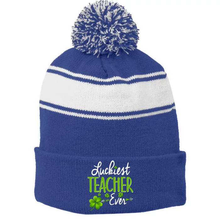 Luckiest Teacher Ever Shamrock Irish Teacher St Patricks Day Gift Stripe Pom Pom Beanie