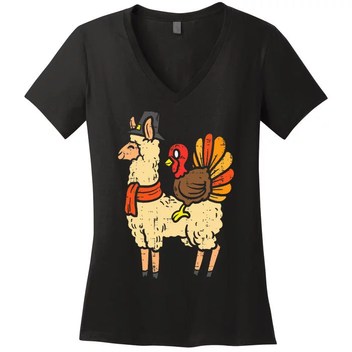 Llama Turkey Funny Cute Animals Thanksgiving Women's V-Neck T-Shirt