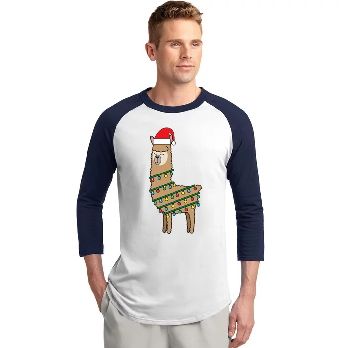 Llama Tree Funny Christmas Lights Santa Hat Holiday Gift Baseball Sleeve Shirt