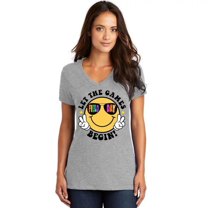 Let The Games Begin Field Day Smile Face Women's V-Neck T-Shirt