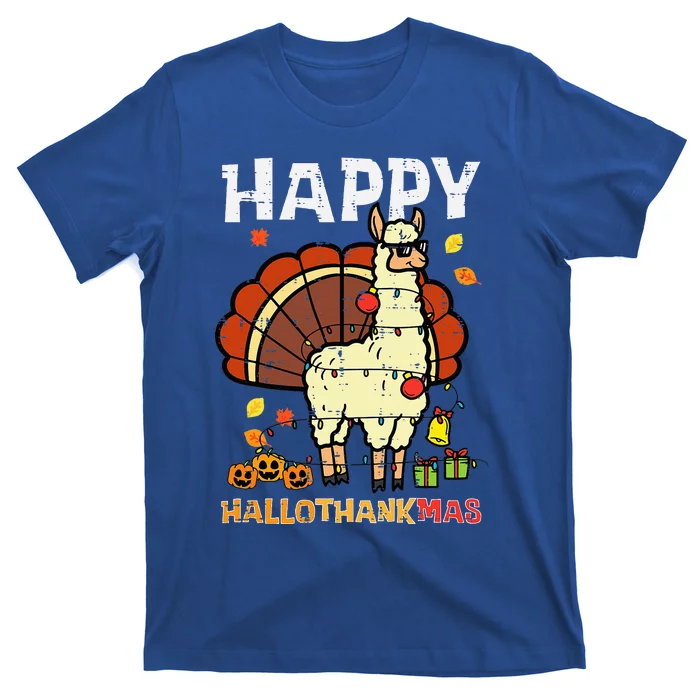 Llama Turkey Happy Hallothankmas Thanksgiving T-Shirt