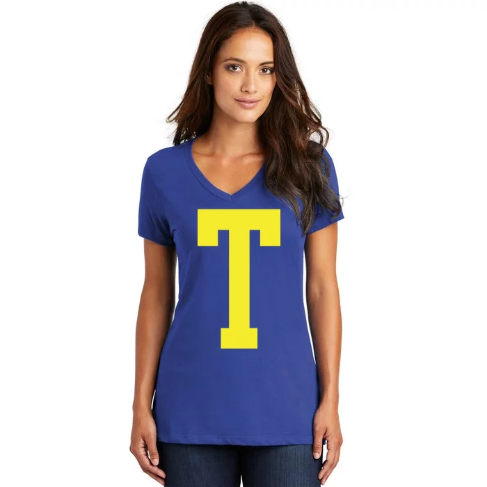 Letter T In Yellow Theodore Chipmunk Costume Halloween Women's V-Neck T-Shirt