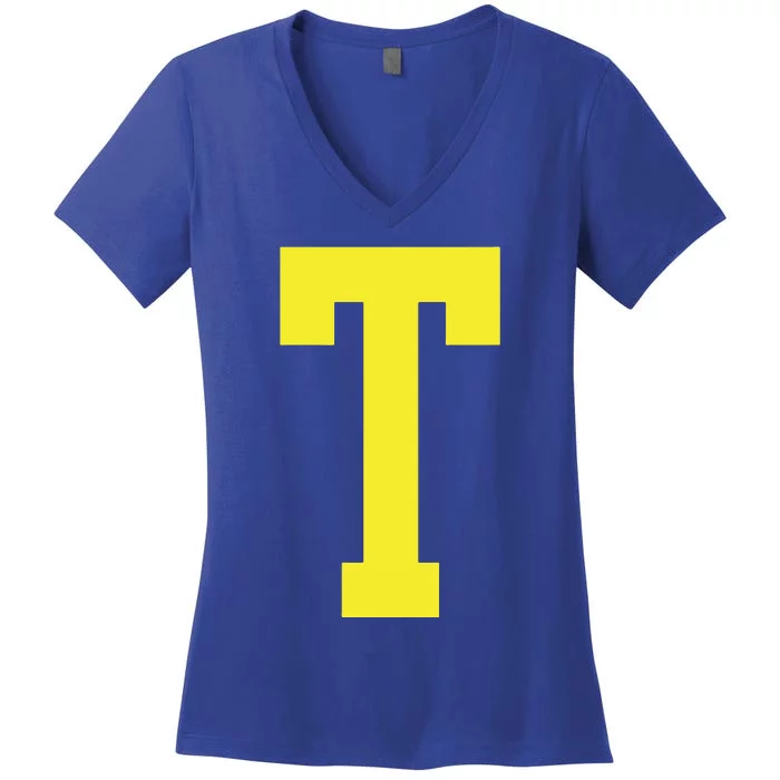 Letter T In Yellow Theodore Chipmunk Costume Halloween Women's V-Neck T-Shirt