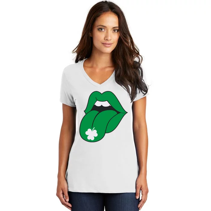 Lips Tongue Irish Shamrock St Patricks Women's V-Neck T-Shirt