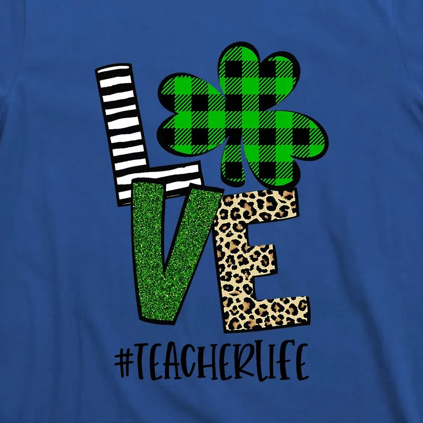 LOVE Teacher Life St Patrick's Day Buffalo Plaid Shamrock T-Shirt