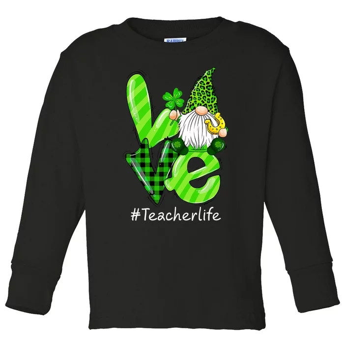 LOVE Teacher Life Gnome Leopard Shamrock St Patrick's Day Toddler Long Sleeve Shirt