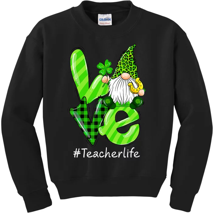 LOVE Teacher Life Gnome Leopard Shamrock St Patrick's Day Kids Sweatshirt