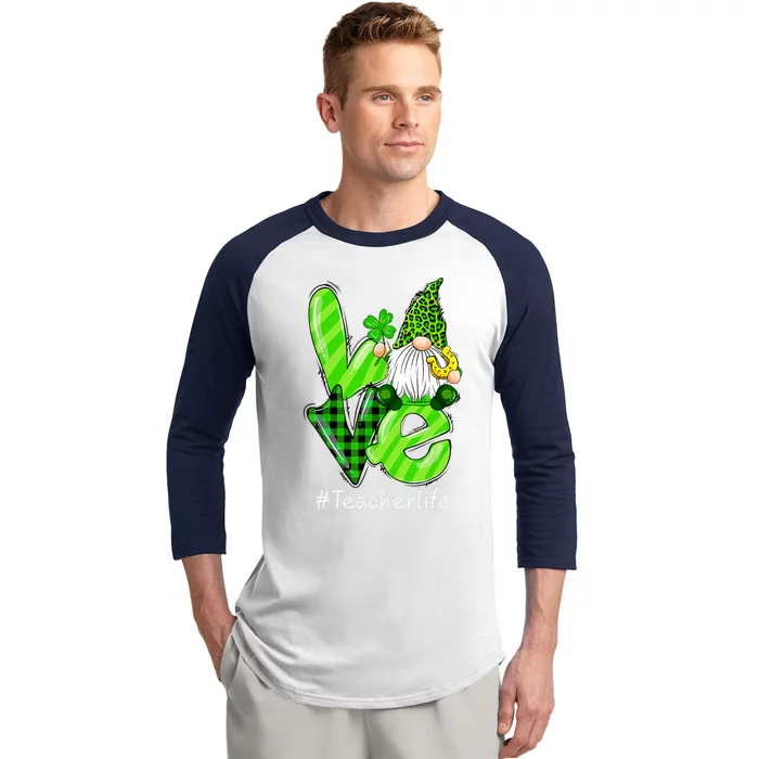 LOVE Teacher Life Gnome Leopard Shamrock St Patrick's Day Baseball Sleeve Shirt