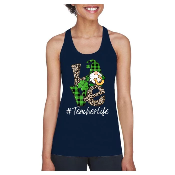 Love Teacher Life Gnomies St Patrick's Day Gnome Shamrock Women's Racerback Tank