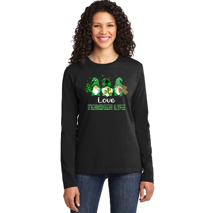 Love Teacher Life Gnome Leopard Shamrock Saint Patricks Day Ladies Long Sleeve Shirt