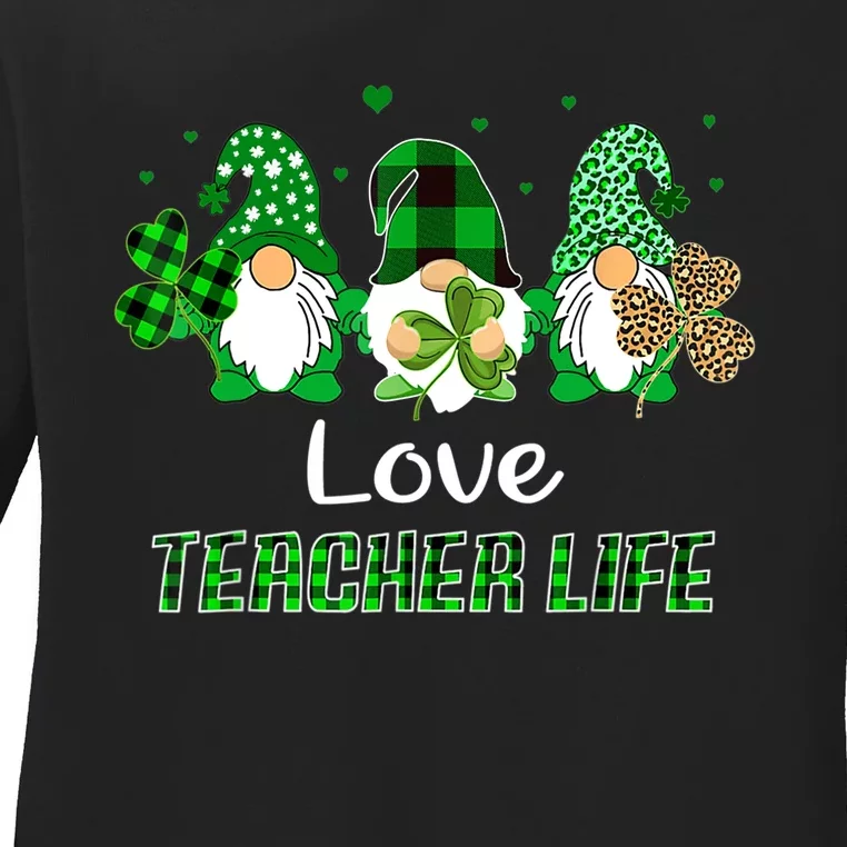 Love Teacher Life Gnome Leopard Shamrock Saint Patricks Day Ladies Long Sleeve Shirt