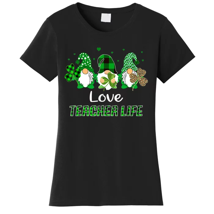 Love Teacher Life Gnome Leopard Shamrock Saint Patricks Day Women's T-Shirt