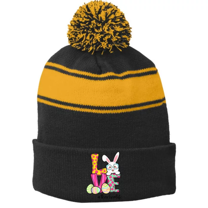 Love Teacher Life Easter Gnome Bunny Funny Easter Teacher Stripe Pom Pom Beanie