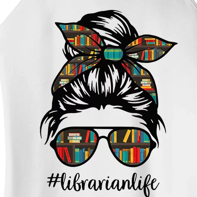 Librarian Teacher Messy Bun Life Book Library Back to School Women’s Perfect Tri Rocker Tank