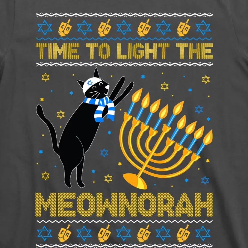 Light The Meownorah Jewish Cat Menorah Ugly Hanukkah T-Shirt