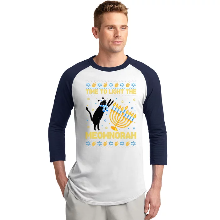 Light The Meownorah Jewish Cat Menorah Ugly Hanukkah Baseball Sleeve Shirt