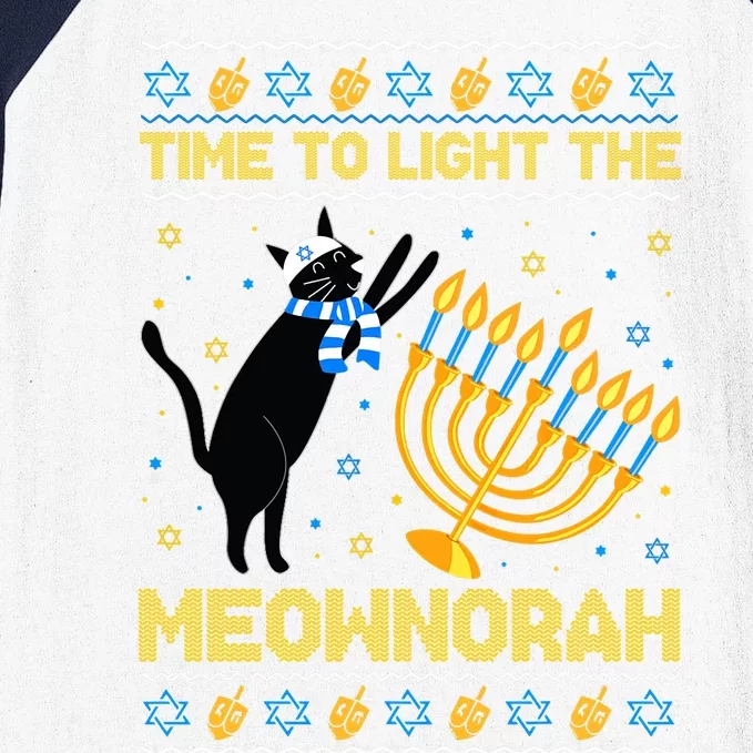 Light The Meownorah Jewish Cat Menorah Ugly Hanukkah Baseball Sleeve Shirt