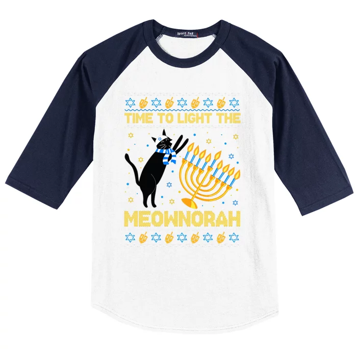 Light The Meownorah Jewish Cat Menorah Ugly Hanukkah Baseball Sleeve Shirt