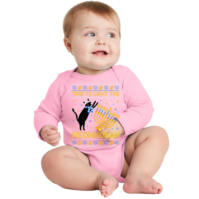 Light The Meownorah Jewish Cat Menorah Ugly Hanukkah Baby Long Sleeve Bodysuit