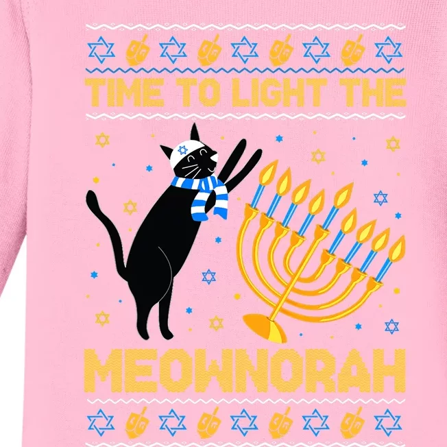 Light The Meownorah Jewish Cat Menorah Ugly Hanukkah Baby Long Sleeve Bodysuit