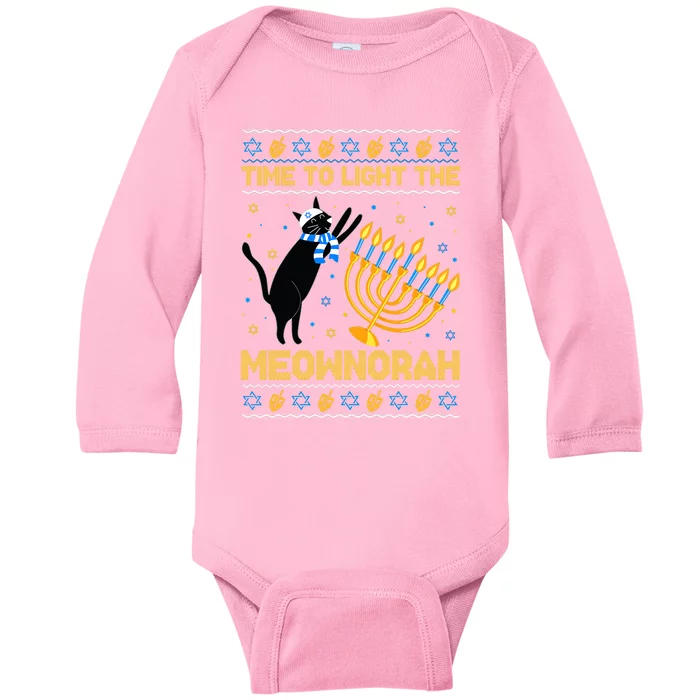 Light The Meownorah Jewish Cat Menorah Ugly Hanukkah Baby Long Sleeve Bodysuit