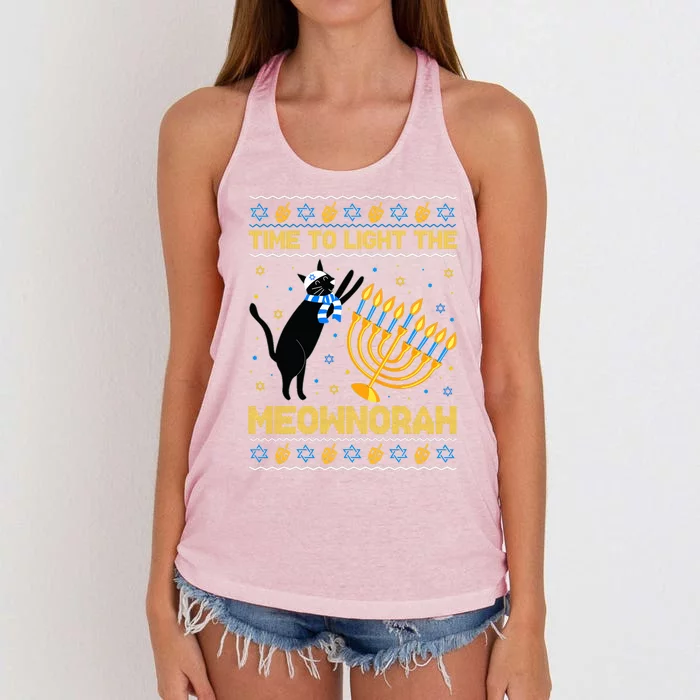 Light The Meownorah Jewish Cat Menorah Ugly Hanukkah Women's Knotted Racerback Tank