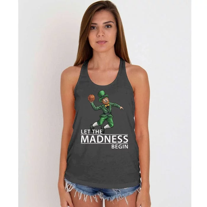 Let The Madness Begin Basketball Slam Funny Dunk Leprechaun Basketball Women's Knotted Racerback Tank