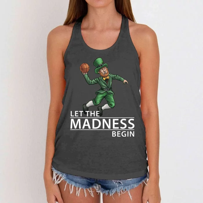 Let The Madness Begin Basketball Slam Funny Dunk Leprechaun Basketball Women's Knotted Racerback Tank