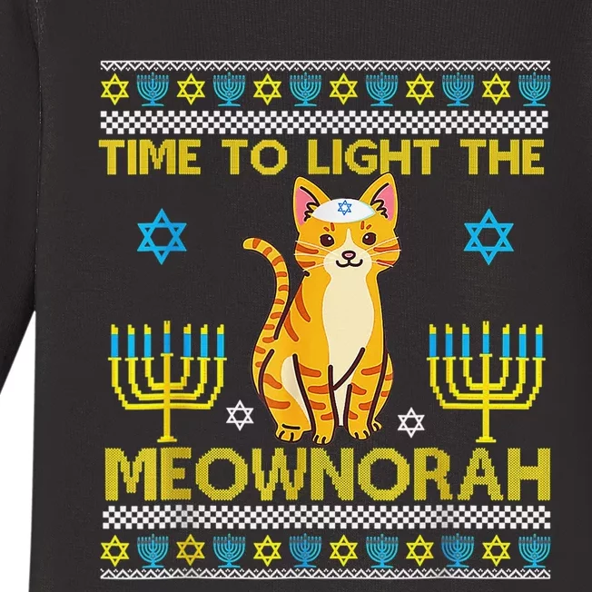 Light The Meownorah Jewish Cat Menorah Lover Ugly Chanukah Baby Long Sleeve Bodysuit