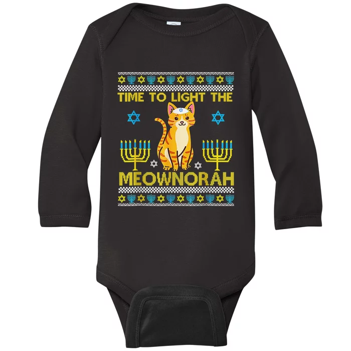 Light The Meownorah Jewish Cat Menorah Lover Ugly Chanukah Baby Long Sleeve Bodysuit